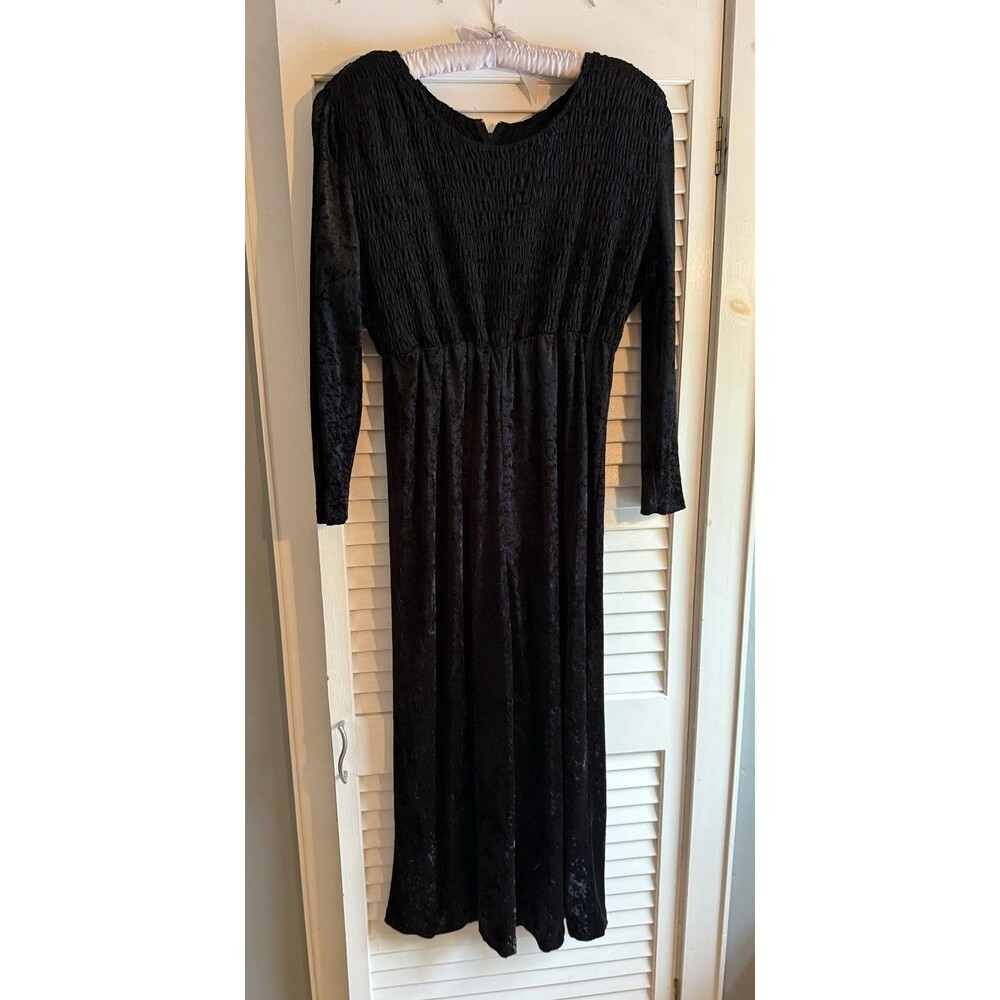 VTG Molly Malloy Black Velvet Jumpsuit 12 Smocked 90s Whimsygoth Witchy Wide Leg